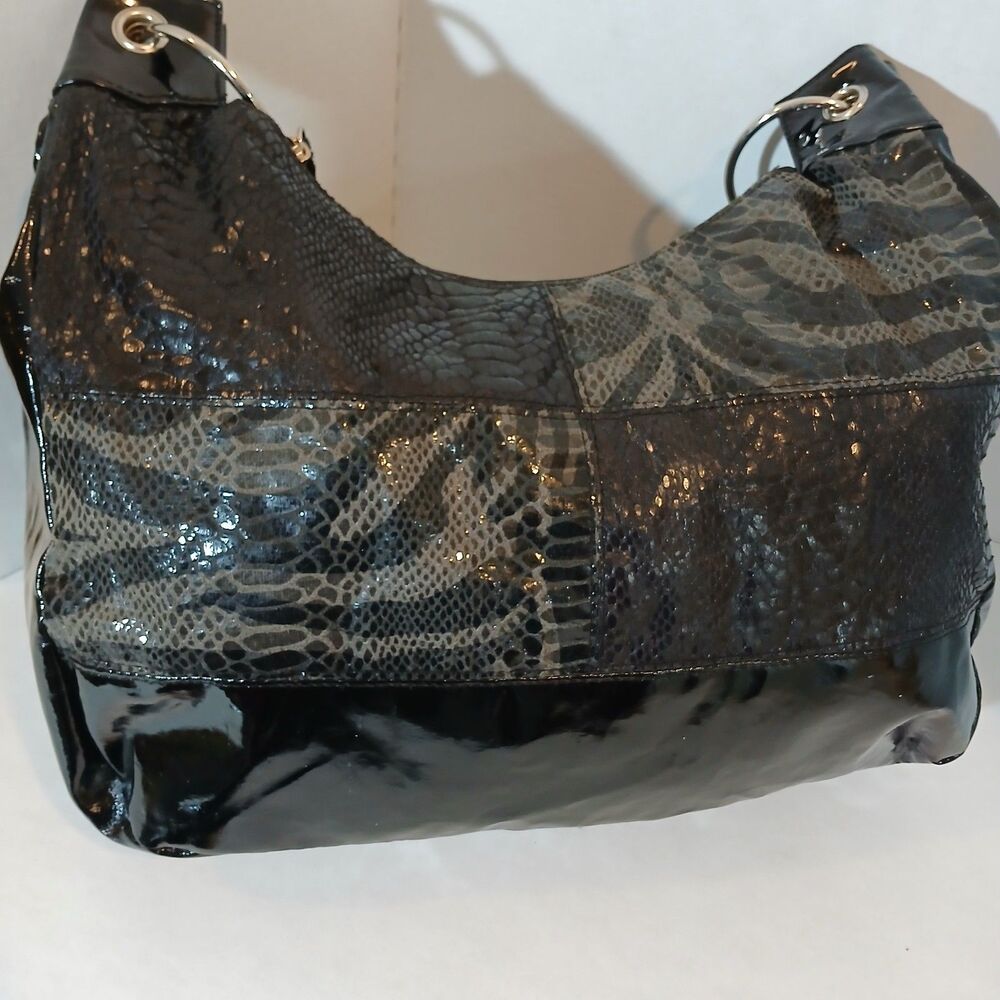 Giannini Black Tan Faux Leather Snake Skin Hobo Crossbody Shoulder Bag - Picture 8 of 12